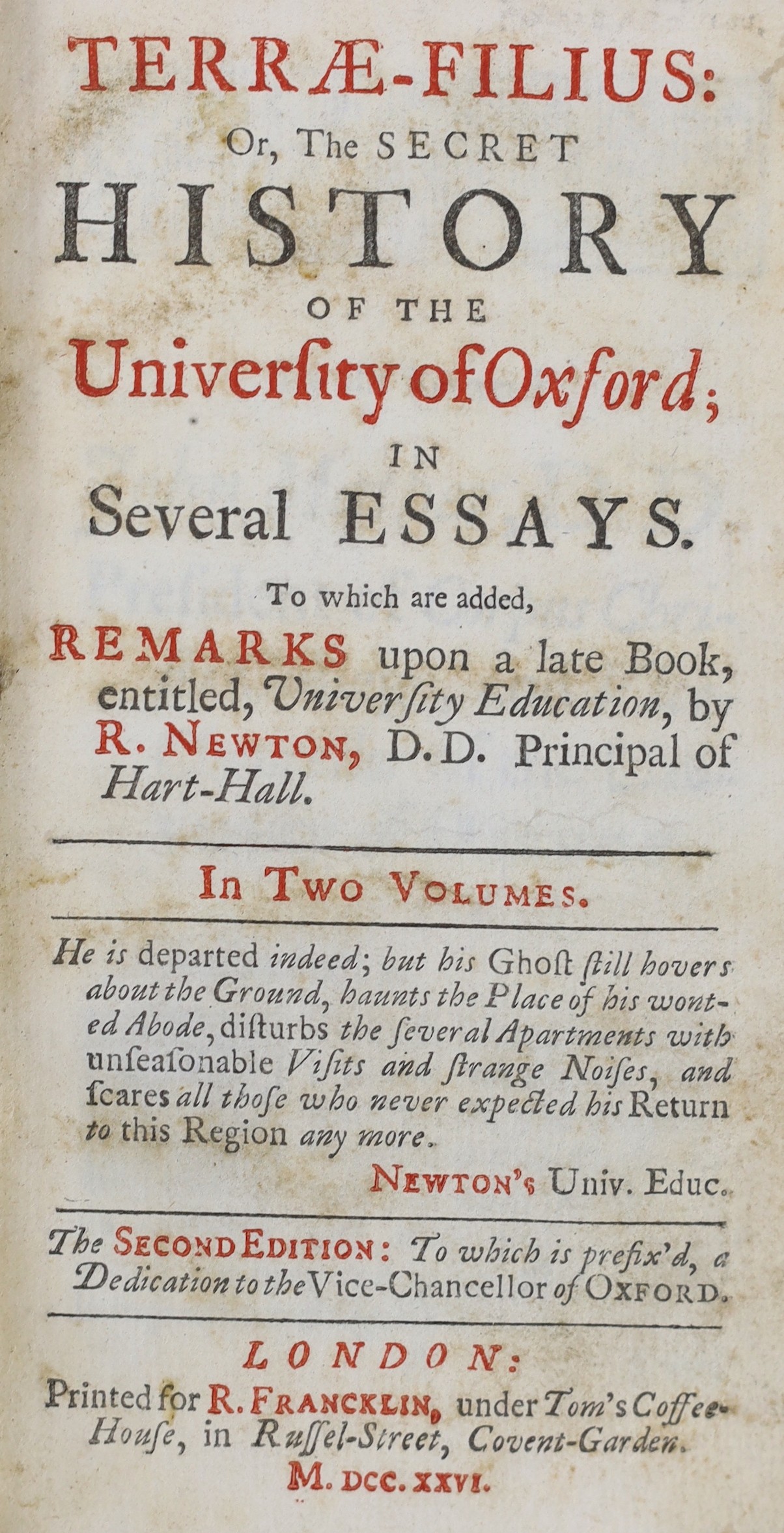 OXON: Pointer, John - Oxoniensis Academia: or, the Antiquities and Curiosities of the University of Oxford... rebound 20th cent. cloth, sm. 8vo. 1749; Terrae Filius: or, the Secret History of the University of Oxford; in